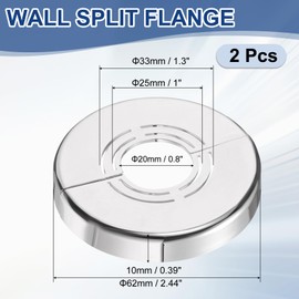 sourcing map Wall Split Flange, 2 Pcs 62x10 mm - Cuttable ABS Round Escutcheon Plate Cover Buckle, Shower Arm Flange for 20/25/33mm(0.8/1.0/1.3 Inch) Water Pipe Faucet Decoration (Silver)