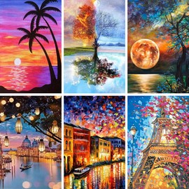 Diamond Painting Kits for Adults Kids,6 Pack DIY 5D Diamond Painting Kit Full Round Drill,Colorful Scenery Moon Diamond Painting,Art Craft Kit for Home Wall Art Decor,12 x 16 in