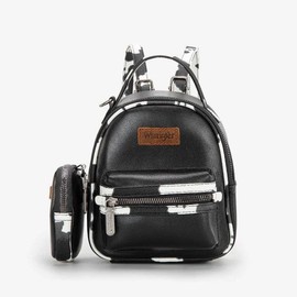 Wrangler Mini Cow Print Accented Backpack – Stylish and Compact Faux Leather Bag with Detachable Coin Purse - Color: Black