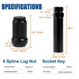 20pcs Black 12x1.5 Lug Nuts, GAsupply Closed End Acorn Spline Tuner Lug Nuts 1.38" Tall Conical/Cone Seat for Aftermarket Wheels, Pack of 20+1 Socket Key