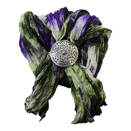 Ladycrow Mixed Purple Green Pongee Silk Scarf with Celtic Intertlace Scarf Ring