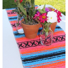 Del Mex (TM) Traditional Falsa Mexican Blanket Table Runner (Turquoise/Pink/Orange)