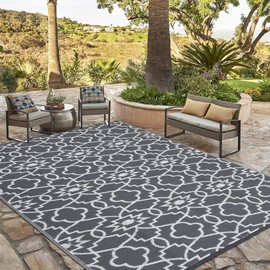 GarveeHome Outdoor Rug 8x10 Reversible Mats, Plastic Straw Rug, Large Floor Mat and Rug for Outdoors, Modern Area Rug, RV, Patio, Backyard, Deck, Picnic, Beach, Trailer, Camping, Grey/White(Floral)