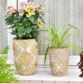 Sungmor Cement Planter Succulent Pots, Set of 2 Concrete Cactus Plant Pot with Drainage Hole, Embossed Design Flower Pot for Home Office Decor, 4.9 Inch & 6.1 Inch Indoor Outdoor Plants Container
