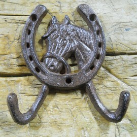 ESKONI Cast Iron Rustic Ranch Horse Head 2 Hook Coat Hooks Rack Towel Horseshoe, Coat Hook,Hat Hook Wall Mounted,Wall Hook,Coat Hanger,Hooks for Bath,Kitchen,Garage