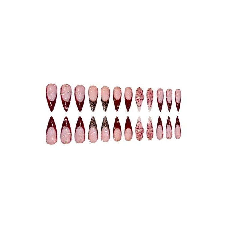 Uñas Postizas Largas Con Presión, Estilo Stiletto, Francesas, Marrones, Con