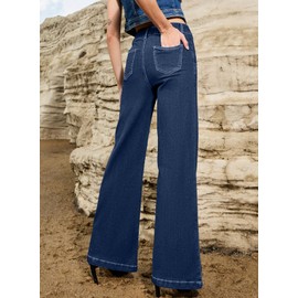 Sidefeel Womens Wide Leg Jeans Casual Baggy High Waisted Stretch Denim Pants Size 12 Deep Blue