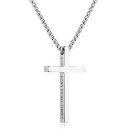 Pivza Cross Chain Necklace for Men, Silver Stainless Steel Bible Verse Cross Necklace for Men, Christian Crucifix Necklace Men Jewelry (DB-PHILIPPIANS 4:13, Silver)