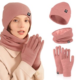 Nenkarn Hat Scarf and Gloves Set Ladies, 3 in 1 Hat and Scarf Set for Women, Thick Fleece Touchscreen Glove Knitted Cap Cold Weather Accessories Sets (Pink)