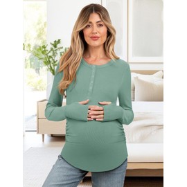 Womens Maternity Clothes Casual Long Sleeve Round Neck Nursing Shirts Front Button Side Ruched Pregnancy Tops Pea Green L