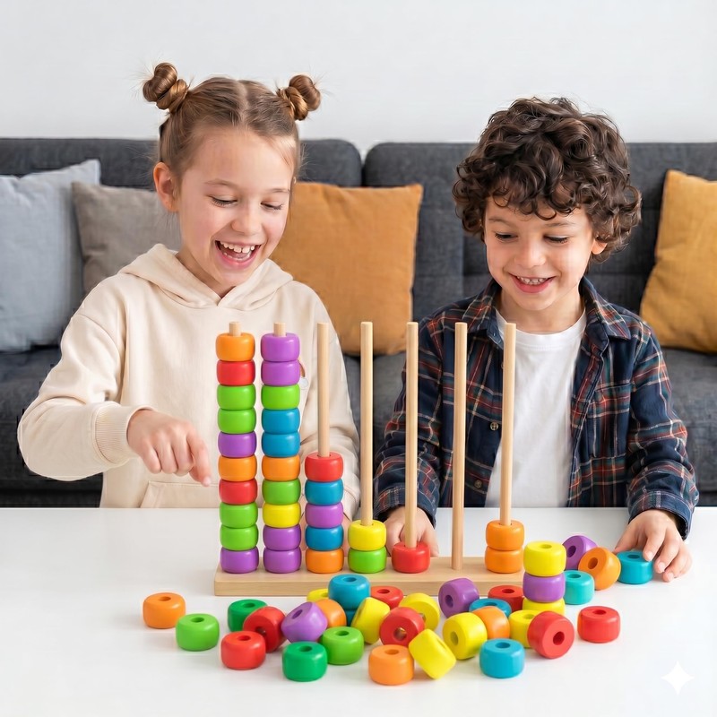 Color Match Challenge Game, Wooden Fast-Paced Pattern Matching Ring Stack