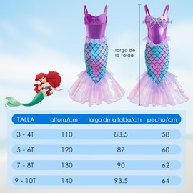 HomeChi Disfraz de Princesa Sirena Sin Manga para Niñas - Vestido de Sirena Pequeña Ariel - Disfraz de Fiesta de Halloween, Vestido de Cumpleaños de Navidad, Regalo para Niñas de 3 a 10 Años, 120CM