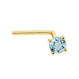 22G Solid 14Kt Gold L-Shape Nose Stud with real Aquamarine Gemstone, 14kt Yellow Gold or 14kt White Gold Prong Setting - March Birthstone Nose Ring-LSYG_AQM-2.5MM