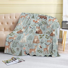 coedoaes Woodland Animal Fleece Blanket - 50x60in Cute Deer Bear Fox and Bird Throw Blankets,Soft Cozy Lightweight, Ideal for Living Room Home Rustic Spring Decor and Kids Women Girls Gifts