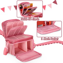 LoDrid Travel Carrying Case Compatible with Yoto Player Bluetooth Speaker, Audio Card Holder Holds up to 54 Cards with Shoulder Strap, Pink, Bag Only