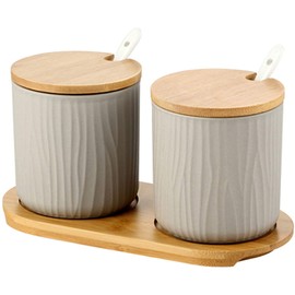 MAGICVOGEL Ceramic Spice Container Salt Pepper Spice Container Sugar Bowl with Lid and Spoon Set of 2 for Kitchen and Dining Table (Grey)