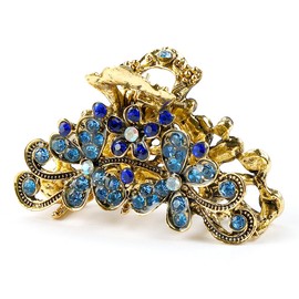 Retro Flowers Hair Claw Clip,Vintage Alloy Rhinestone Hair Jaw Clip for Women, Ladies, and Girls (Blue)