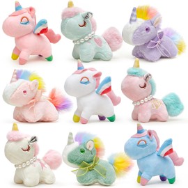 SNLN 9Pcs Mini Plush Unicorn Stuffed Animals Unicorn Party Favors Bulk Toys Girl Bowknot&Necklace&Hat Style Macaron Color Keychain for Goodie Bag Filler Class Prize Kid Gift Birthday Party Favors