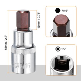 uxcell 7/16" Hex Bit Socket 1/2" Drive SAE S2 Steel Square Drive Socket Extension Impact Bit Socket Ratchet Wrench Accessories for Turns Power Drill Into Nut Driver