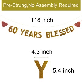 Betteryanzi Gold 60 Years Blessed Banner,Pre-strung,60th Birthday/Wedding Anniversary Party Decorations Supplies,Gold Glitter Paper Garlands Backdrops,Letters Gold 60 YEARS BLESSED