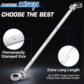 DISEN 12-13mm Extra Long Flex Head Ratcheting Wrench set, Double Box End Long Reach Ratchet Wrench, CRV Steel, Metric