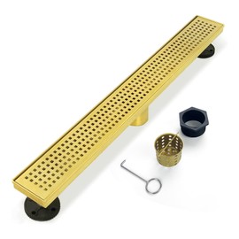 Elefloom Linear Shower Drain, 28 inch Gold Drain with Removable Grate Cover, Brushed 304 Stainless Steel Shower Floor Drain, Linear Drain with Hair Strainer and Adjustable Feet