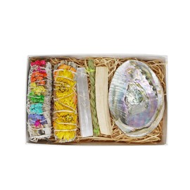 SOUL STICKS Floral Sage Smudge Kit | Gift Set with 2 Floral White Sage Smudge Sticks, Smudge Shell, Palo Santo Stick, 4 Selenite Wand and Sweetgrass (Rainbow with Yellow)