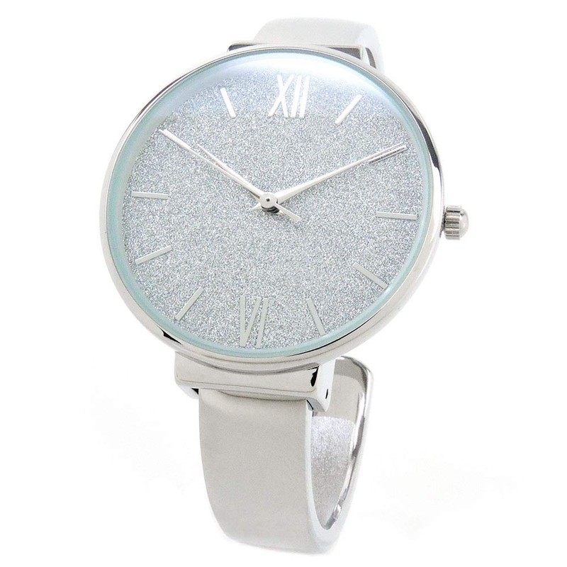 Silver Round Face Glittered Dial Fashion Women's Bangle Cuff Watch