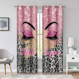 BSPPTI Hello Gorgeous Unicorn Eyelash Print Curtain, Pink Eyes Leopard Print Splicing Room Darkening Thermal Insulated Blackout Window Drapes for Living, Bedroom, 42"x 84", 2 Panels, CLLSSP1505