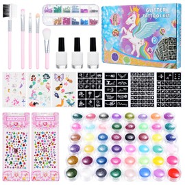 Bestauty Children's Glitter Tattoo Set, 48 Colours Including 36 Glitter Colours, 12 Luminous Colours, 12 Sequin Dyes, 130 Tattoo Stencils, 215 Rhinestones, 3 Cartoon Tattoo Stickers, Gifts for Girls