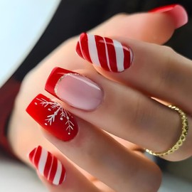 Ceboic Pack of 24 Christmas Press On Nails Short, Square French Artificial Nails, Red Stripes, Snowflake Acrylic Fingernails for Sticking, Festival Artificial Nails, Fake Nails for Women and Girls