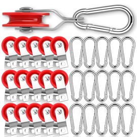 Tondiamo 15 Sets 1-3/4" Red Nylon Pulley and 1/4" Spring Hook Set, Galvanized Snap Clip Reinforced Nylon Baseball Batting Cage Cable System for Netting Baseball Batting Cages