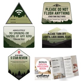 5 Essential AirBnB Signs For Hosts | Wifi Password Sign For Home Guests, No Smoking, Do Not Flush For Bathroom Toilet, Turn Off Lights & AC, Air Bnb Vacation Rental Review Request Fridge Magnet
