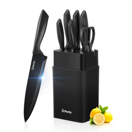 Knife Set, D.Perlla 8-Piece Kitchen Knife Set with Built-in Sharpener, Dishwasher Safe Non-stick & Non Rust, Black Coating Stainless Steel Knife Block Set, Sharp Chef Knives with Universal Knife Block