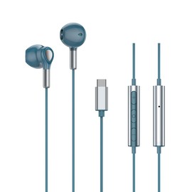 TT-Valley TYPE C Wired Earphones (Upgraded Version with Dynamic Driver & Built-in High Sensitivity MEMS Microphone) PC Earphones, No Obstruction, Comfortable to Wear for Long Times, With Microphone/Remote Control, For Telework, Home Commuting (Blue)