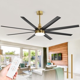 65 Inch Ceiling Fans with Lights and Remote, 8 ABS Blades, Quiet Reversible DC Motor, 6-Speed, Timer, 2 Downrods, 3 Color Led Light, Industrial Ceiling Fans Fandelier for Bedroom Office (Gold & Black)