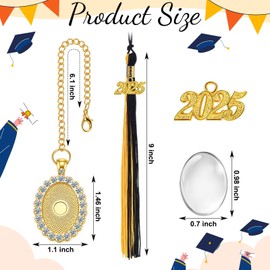 XunYee 2 Pcs Graduation Tassel Memorial Photo Charm 2025 Graduation Cap Sewing Tassels Picture Frame with Chain for Mortarboard Cap Topper Grad Gift(Black and Gold)