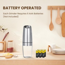KIARYUOLL Gravity Electric Salt And Pepper Grinder Set, Automatic Salt And Pepper Grinder Set, Battery Powered (6 AAA Batteries Each), Adjustable Roughness, LED Light, 2 Pack, (Silver)
