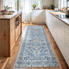 Bloom Rugs Caria Washable Non-Slip 7 ft Runner - Blue Traditional Runner for Entryway, Hallway, Bathroom, and Kitchen - Exact Size: 2'6" x 7'