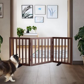 ZJSF Freestanding Indoor Dog Gate for House Foldable Wood Puppy Gate for Doorways Pet Gate for Stairs Extra Wide Pet Fence, Brown, 24" Height 3 Panels