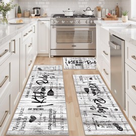 Tritard 100% Non Slip 3 Piece Kitchen Rugs Set with Runner, Farmhouse Washable Kitchen Mats for Floor, Ultra Soft Kitchen Floor Mats Carpet Runner Rugs for Sink, Entryway, Laundry Room, Gray White