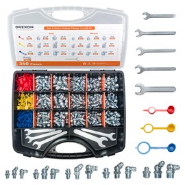 DREXON 350pc Grease Fitting Kit - SAE/Metric (1/4"-28, M6, M8, M10) Zerk Fittings w/Toolbox, Wrenches & Dust Caps - Fits Standard Grease Guns - for Automotive, Tractors, Lawn Mowers & Industrial