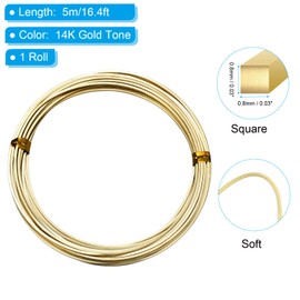 PATIKIL Soft Brass Wire, 1 Roll 20Ga/0.8x0.8mm 5m/16.4ft Bendable Gold Plated Square Craft Wire for Jewelry Making Earring Beading Wrapping,14K Gold