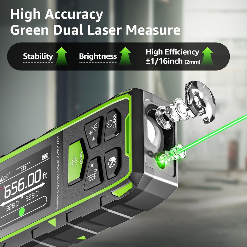 Huepar Dual Laser Measuring Tool, 656Ft Green-Beam Bilateral Digital Laser