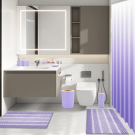 SLDIYWOW Purple Bathroom Accessories Set with Ombre Shower Curtain and No-Slip Bath Rugs,24PC Bath Sets with Trash Can, Toothbrush Holder, Cup, Soap Dispenser, Tray, Soap Dish,Toilet Brush,Qtip Holder