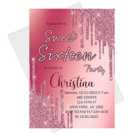 Shop Ginger Wedding Sweet 16 Quinceanera Birthday Glitter Drips 4" x 6" or 5" x 7" 20 Sets Invitation Card + Envelope C-28 (Pink)