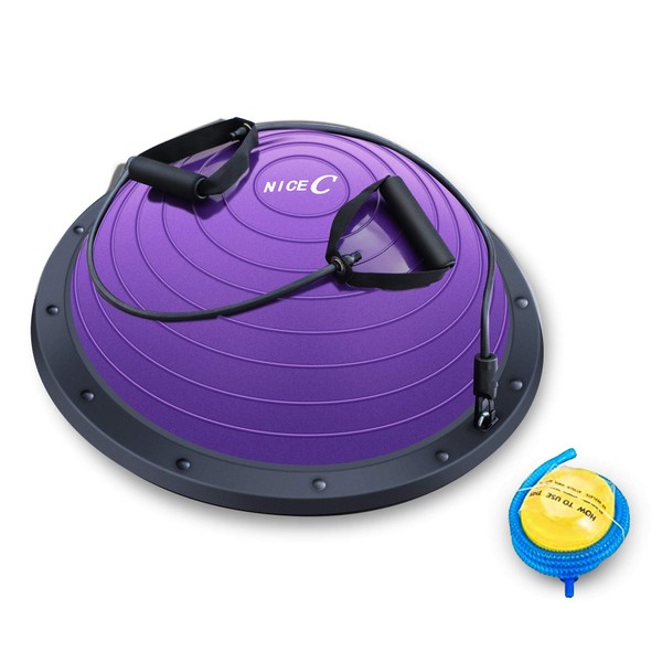 Nice C Half Ball, Balance Ball, Exercise Workout Trainer, with Resistant Band, Strength Fitness Yoga with Bonus Foot Pump (Purple)