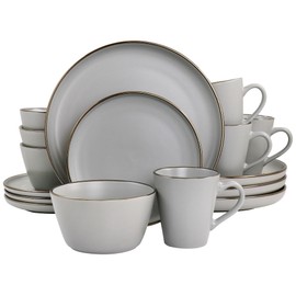 Elama Louis 16 Piece Stoneware Dinnerware Set in Matte Slate with Gold Rim, (Arthur Paul Louis Set)