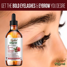 Hydra Naturals 100% Organic Castor Oil, Pure Cold Pressed Castor Oil for Eyebrows,Eyelashes,Hair Growth,Nails,and Nourishes Skin 120ml