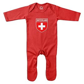 Purple Print House Baby Boys Switzerland Flag Badge Retro Romper Suit - Football Country European 2021 Supporters Gifts for Baby - 2020 Swiss Tournament Footy Soccer Top, 3-6 Months, Red